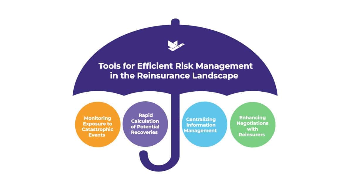 An image with a title text in an umbrella icon, “Tools for Efficient Risk Management in the Reinsurance Landscape”. Under the umbrella, there are 4 round icons with texts in them: 1: “Monitoring Exposure to Catastrophic Events”, 2: “Rapid Calculation of Potential Recoveries”, 3: “Centralizing Information Management”, and 4: “Enhancing Negotiations with Reinsurers”.