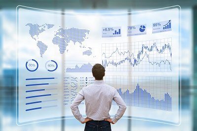 Visual interpretation of business intelligence featuring a HUD monitor and various data sets